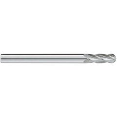 GARR 44240 730M Ball End Center Cutting Extra Length Ball End Mill, 1/2 in Dia Cutter, 1 in Length of Cut, 4 Flutes, 1/2 in Dia Shank, 4 in OAL, Uncoated